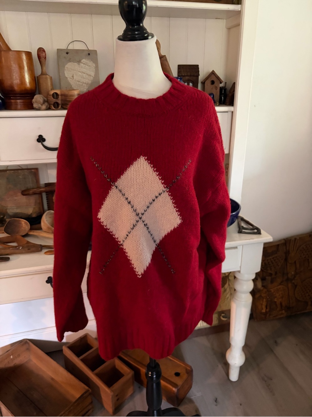 BHS Red Argyle Crewneck Sweater - Men’s Cozy Knit